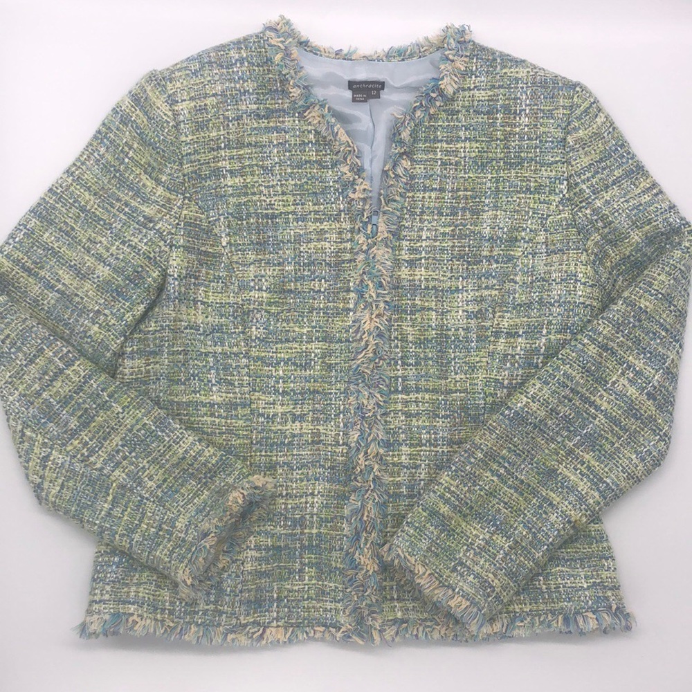 Anthracite Tweed Woven Fringe Zip Blazer Jacket